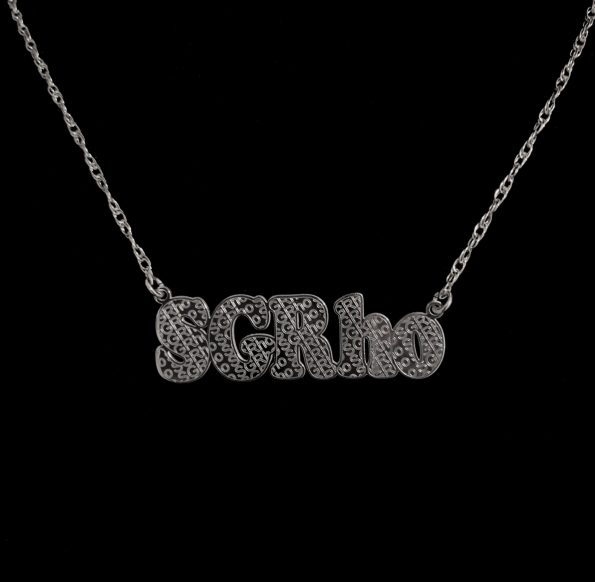 SGRho Engraved Necklace Sorority item, S.G. Rho Engraved Sterling Silver nameplate necklace on silver rope chain